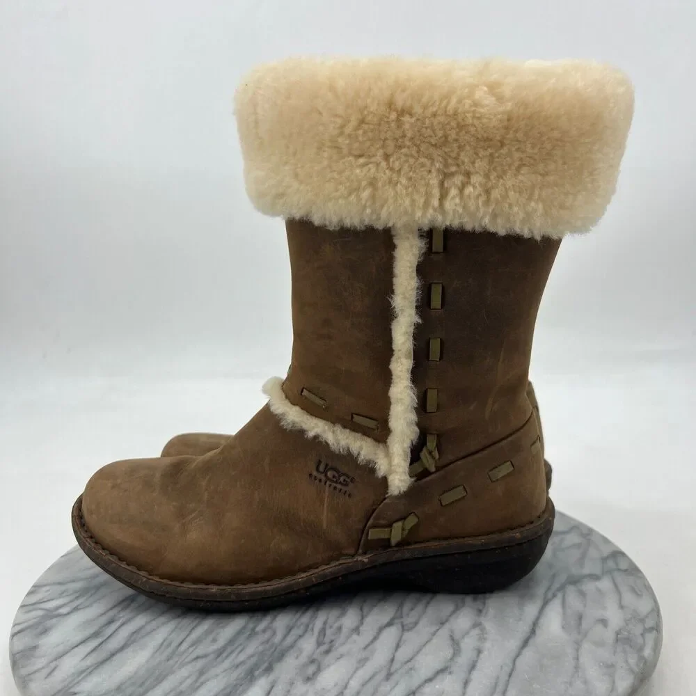 UGG Womens‎ 9 Boots Elijo Brown Leather Cuff Lined Sheepskin Faux Fur Shearling